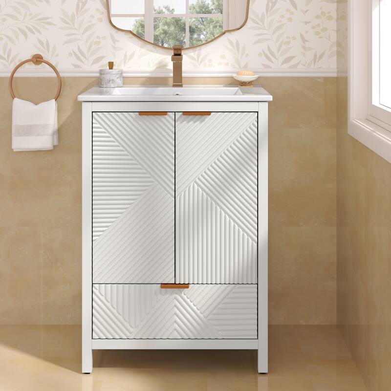 Anmytek 24 Inch Bathroom Vanity with Ceramic Basin Geometric Door Design for Small Bathroom Storage - White