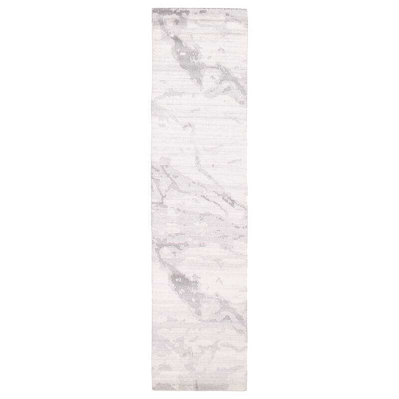 ECARPETGALLERY Hand-knotted Alma Grey, White Wool Rug - 2'5 x 9'9 - Light Grey/ White - 2'5 x 9'9
