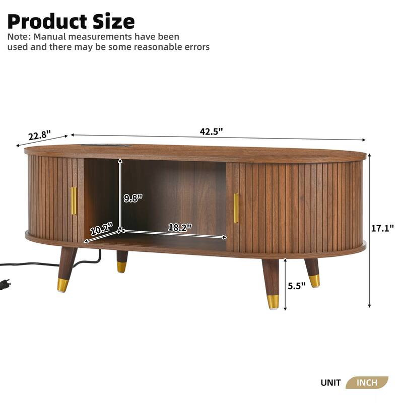 42"W Wooden Oval Coffee Table with Charging Station
