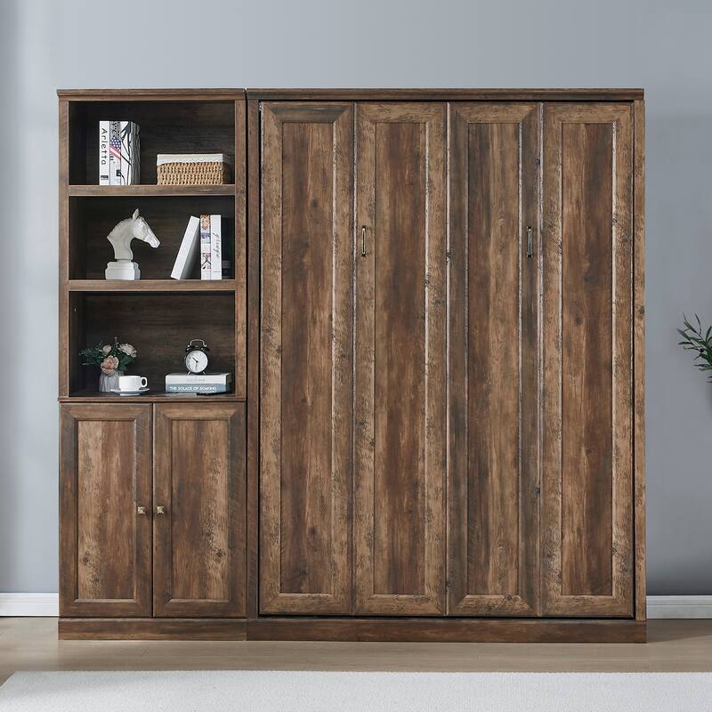 Half Self-Close and Open Murphy Bed with 2 Side Cabinet Storage Shelf - Brown-A cupboard - Full