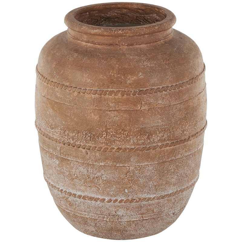 Magnesium Oxide Distressed Decorative Vase with Raised Braided Accents - Cream or Brown - Roche River Decor - Brown