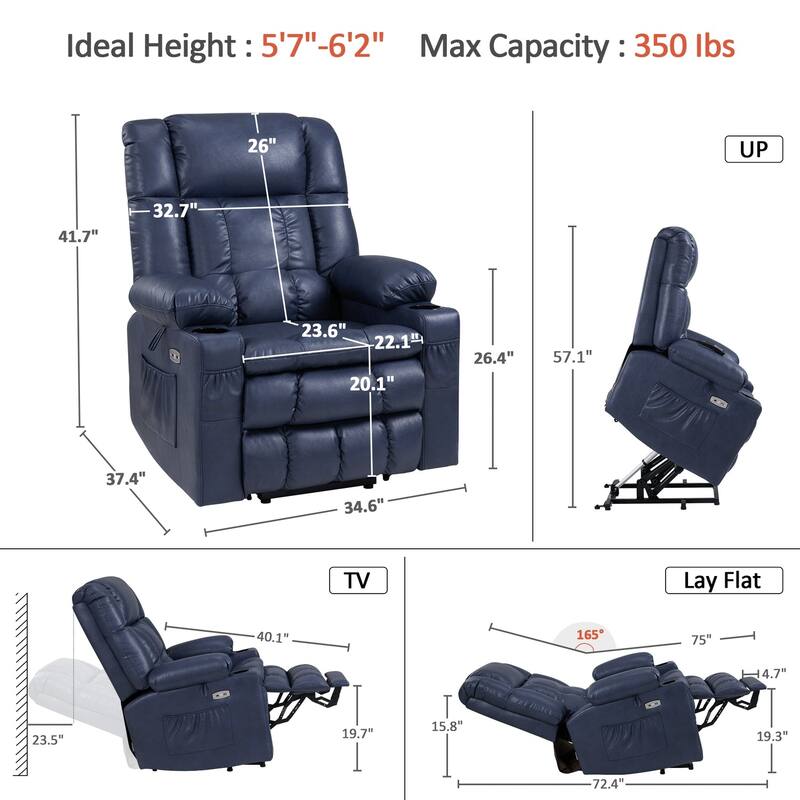 MCombo Medium Dual Motor Power Lift Recliner Chair Infinite Position, Massage and Heat, Extended Footrest, Faux Leather 7890