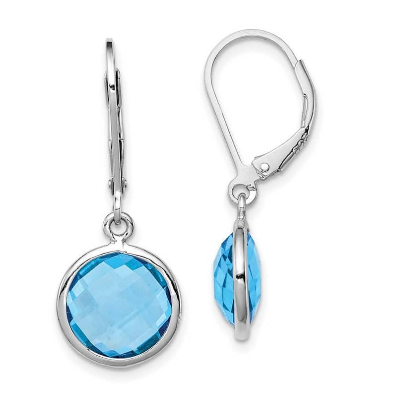 Curata 925 Sterling Silver Large Round Bezel Blue Topaz Dangle Leverback Earrings 28x11mm