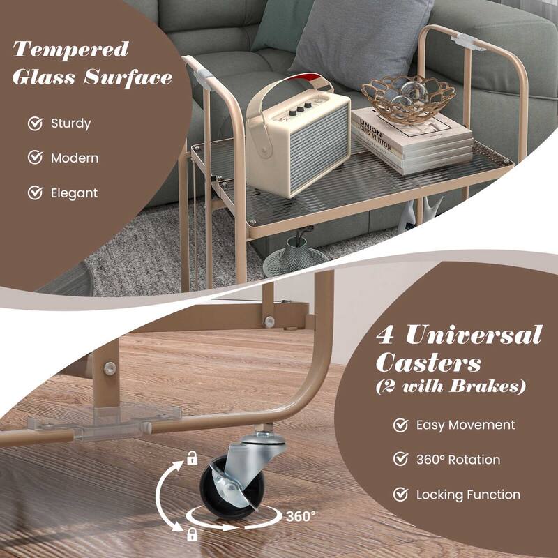 Gymax 2-tier Foldable Kitchen Bar Cart Mobile Tempered Glass Serving