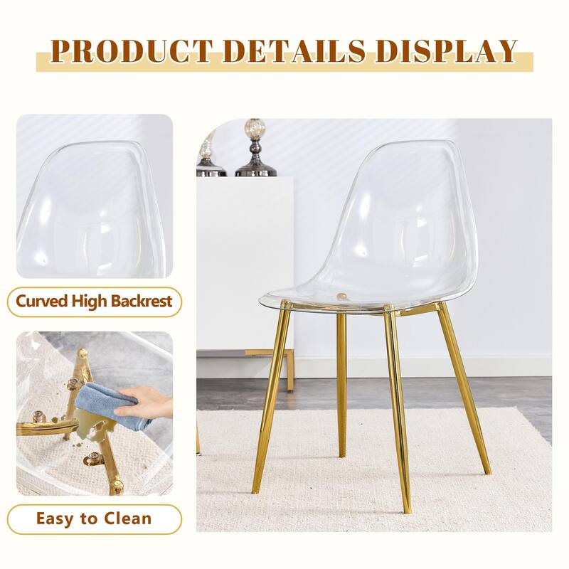 Modern Luxurious Rectangular Tempered Glass Dining Table Set- with 6 Transparent Plastic Chairs with Gold Metal Legs