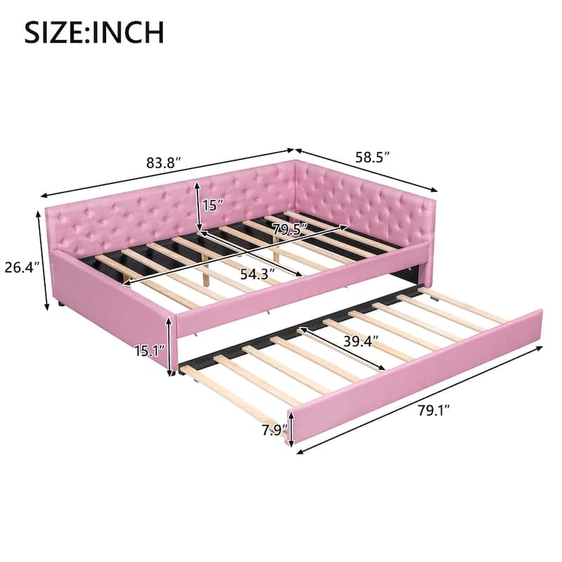 Full XL Size Upholstered Platform Bed Frame with Trundle, Elegant Tufted Button Design and Extra Sleeping Space for Bedroom