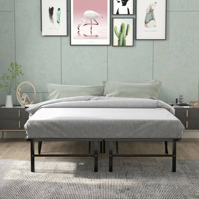 Gymax 14'' Twin/Full/Queen Size Metal Platform Bed Foldable Mattress