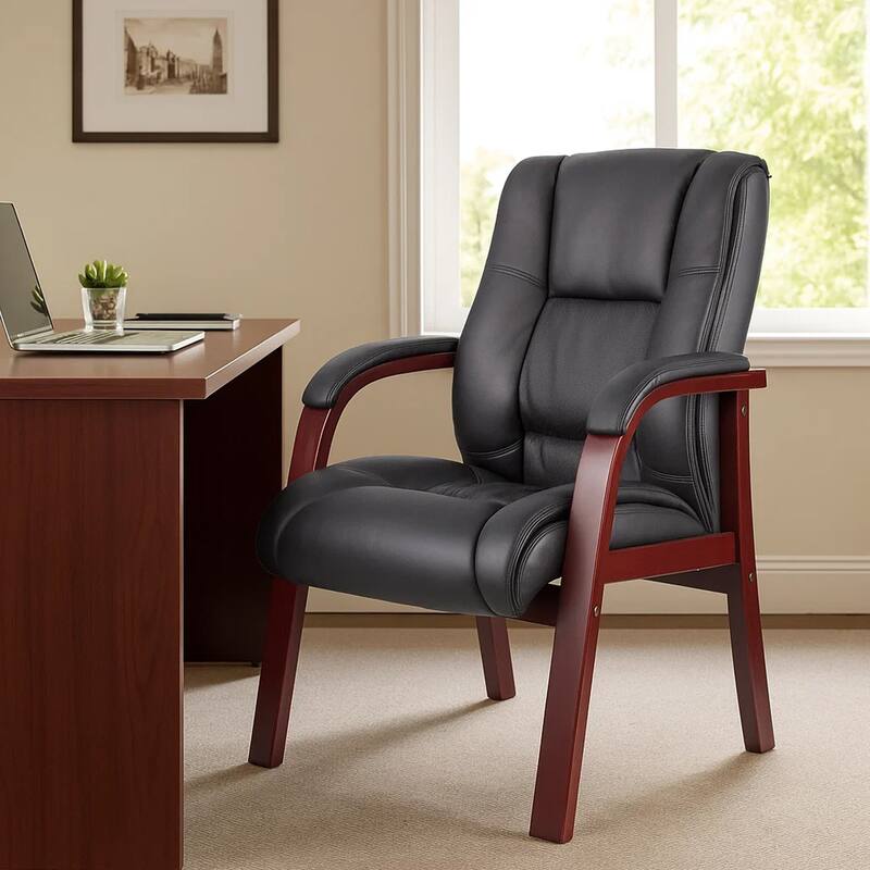 Aria Guest Armchair with Mahogany Brown Wood Finish, Black Vinyl