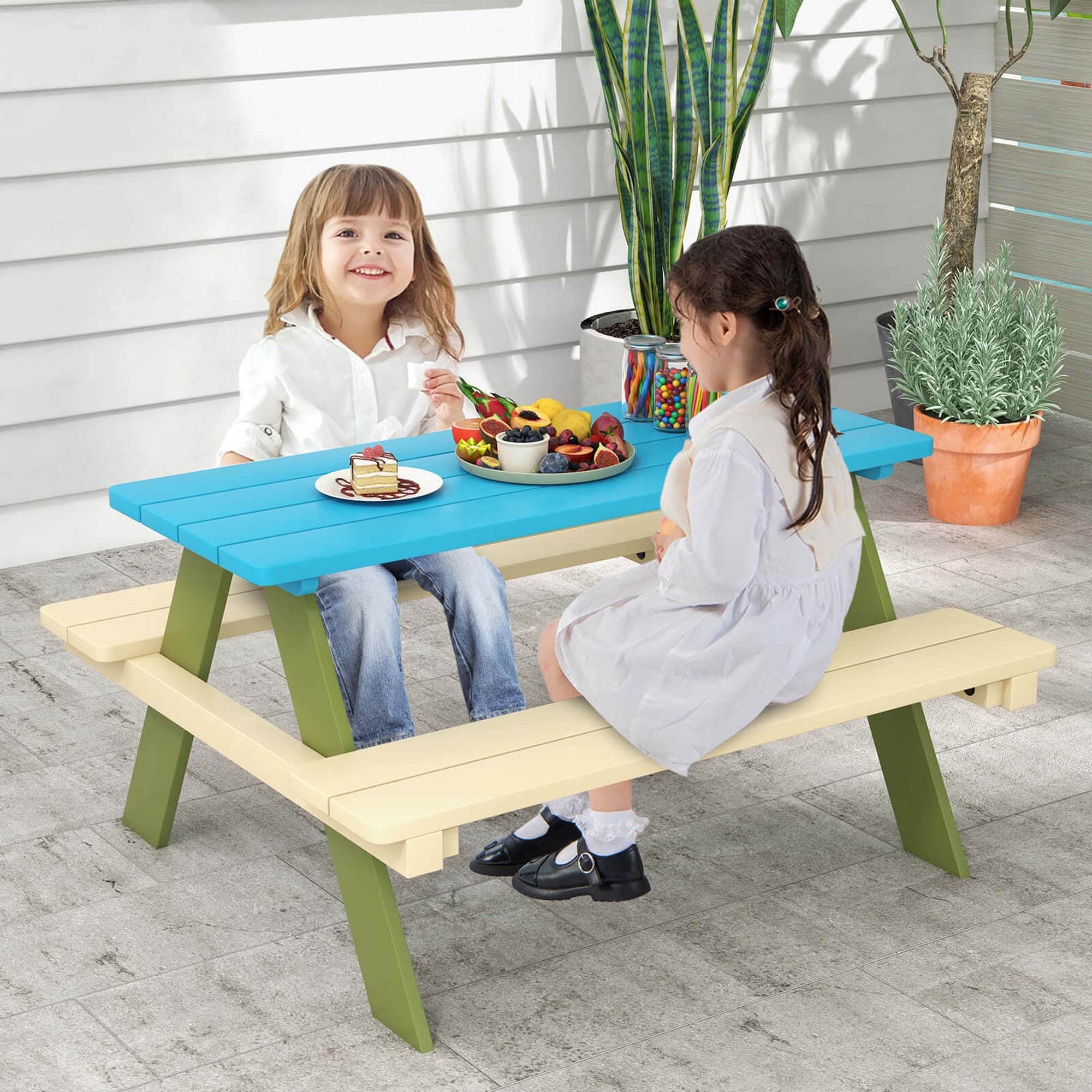 Wooden Children's Activity Table w/ Benches Kids Picnic Table