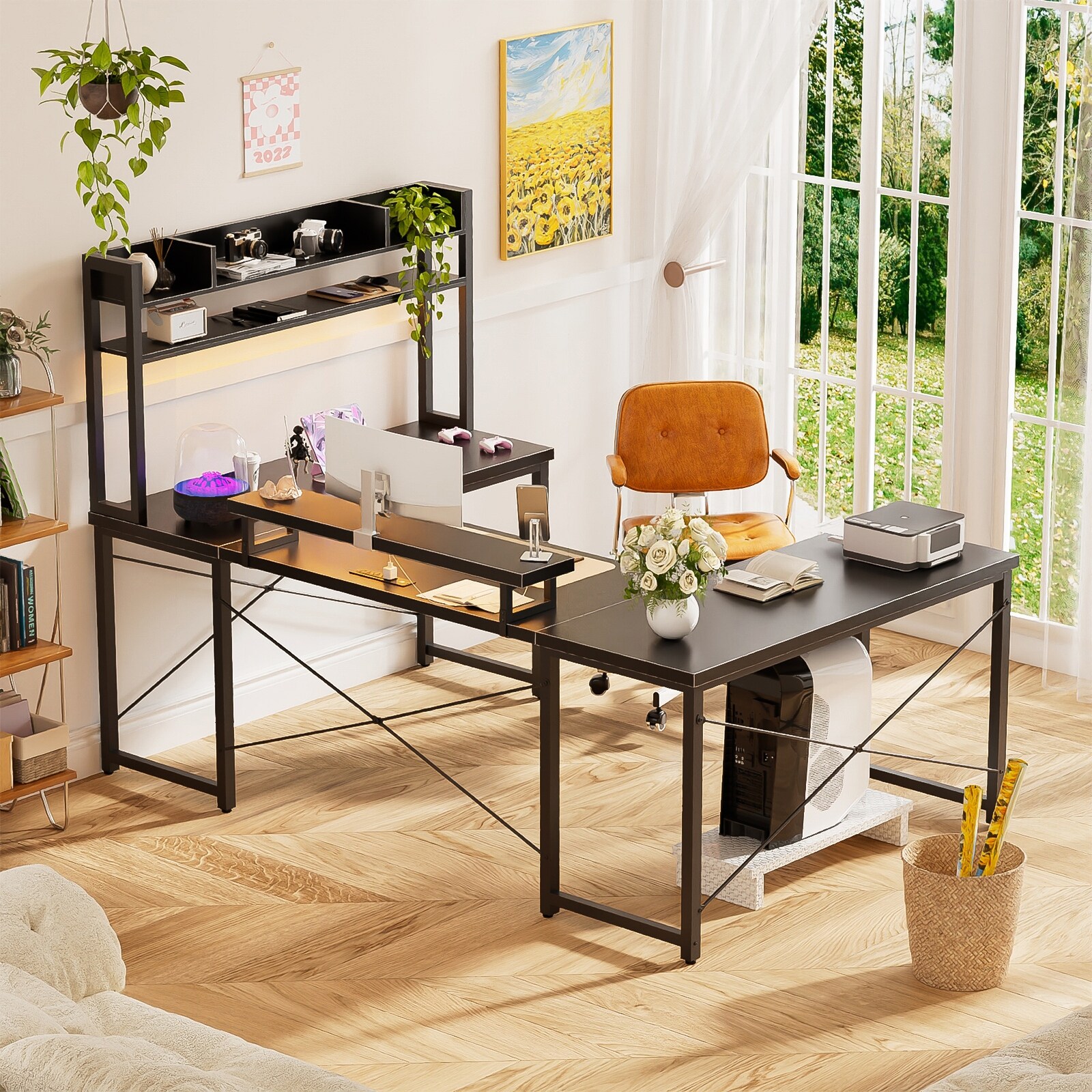 DIY U Shaped Computer Desk with Hutch Reversible Office Desk with Power Outlets and LED Strip On Sale Bed Bath Beyond 41262395