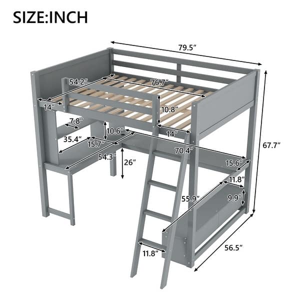 dimension image slide 0 of 2, Full Size Loft Bed with L-Shaped Desk, LED Light and Charging Station, Storage Kids Bed Frame with 2-Drawer Bench