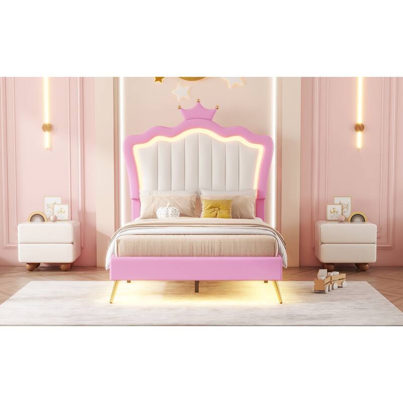 Twin Size Upholstered Princess Bed with Crown Headboard and LED Lights, Pink and White