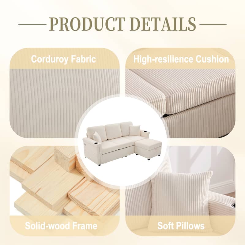 HOMEFUN Corduroy Upholstered L-shaped Pull-Out Storage Sectional Sofa with Storage Ottoman,USB Charging,Cup Holder