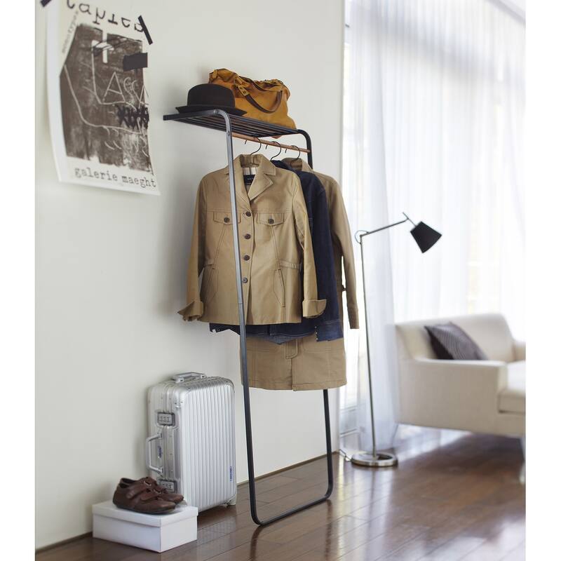 Yamazaki Home Leaning Coat Rack with Shelf, Steel, Holds 22 lbs - L 18.11 x W 23.62 x H 62.99 inches