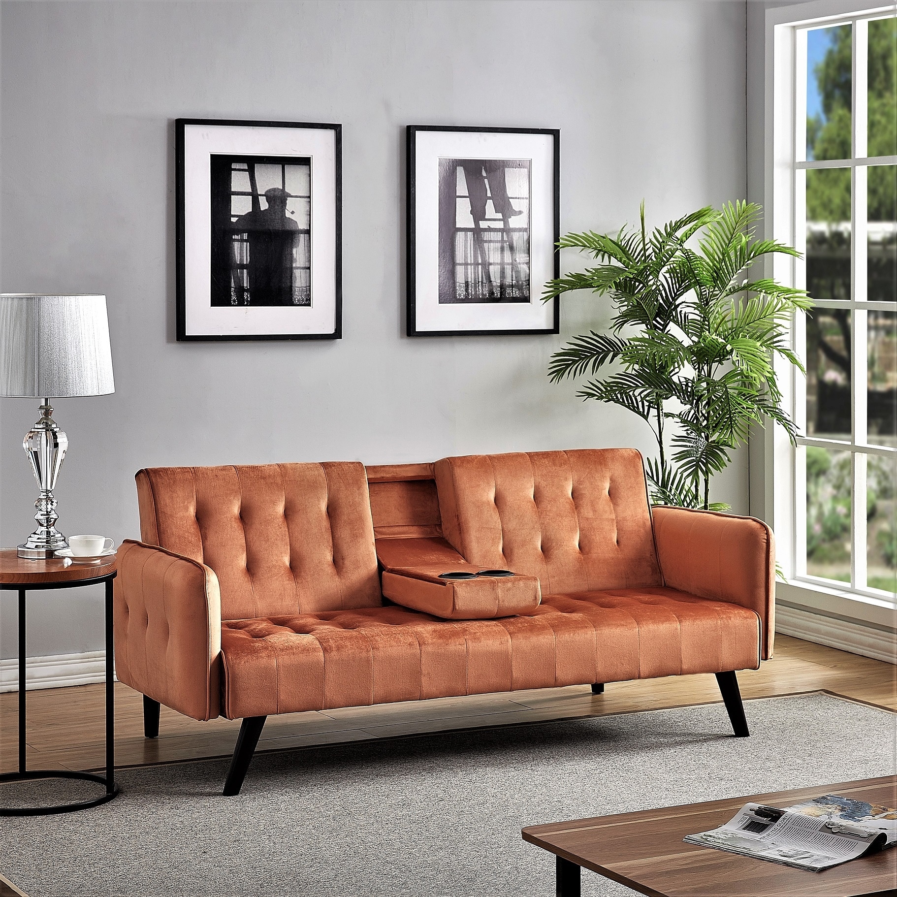 US Pride Tufted Convertible Velvet Sofa Bed with Cup Holder Bed