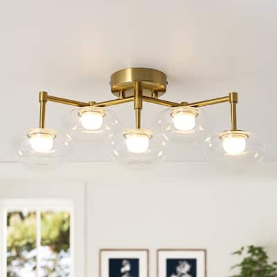 20.9" 5-Light Modern Gold Integrated LED Bathroom Vanity Light/Semi-Flush Mount Light with Clear Oval Glass Shades