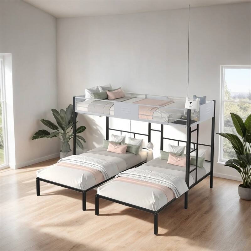 Triple Bunk Bed with Vent Board, Noise-Free Wood Slats - Black