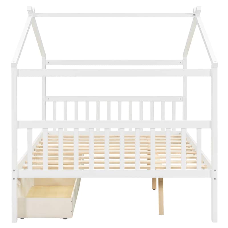 Creativity House Bed Full Size Frame with 2 Wood Drawers for Boys Girls, Wood Platform Bed with Roof No Box Spring Needed