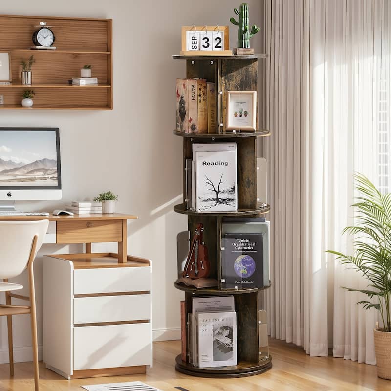 VECELO 5-Tier Rotating Bookcase 7.18" Bookends 50.39" Tall Space-Saving Design for 80-100 Books Bookcase - Brown