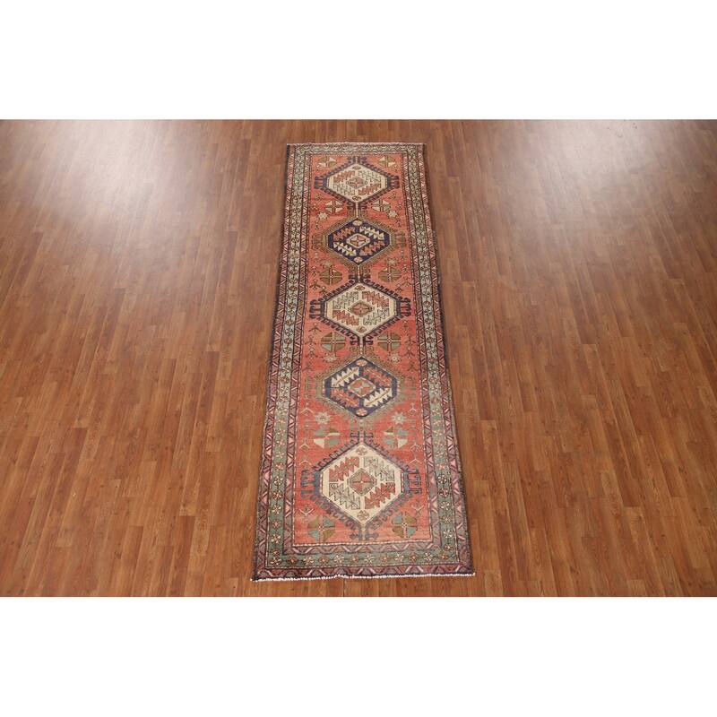 Vegetable Dye Tribal Orange Heriz Persian Vintage Runner Rug - 3'6"x 10'7"