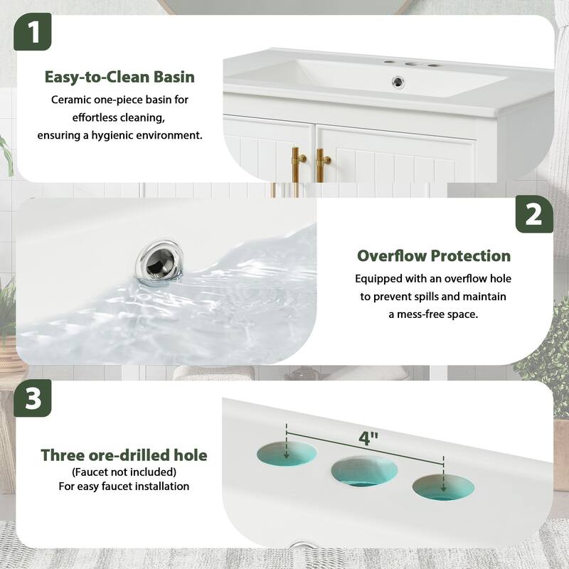 Modern 30" Bathroom Vanity Set with Ceramic Sink, Gold Accents, Soft-Close Doors & Open Shelf for Small Spaces