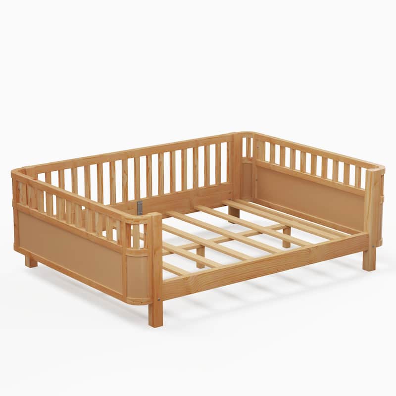 Wooden Kids Platform Bed, Low Profile Daybed Frame, Solid Wood Platform Sofa Bed Frame with Safety Rails