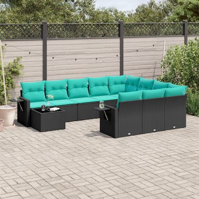 vidaXL 11 Piece Patio Sofa Set with Cushions Black Poly Rattan - 21.7x27.2x24.4