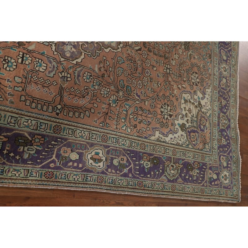 Floral Coral Tabriz Persian Vintage Area Rug Handmade Wool Carpet - 6'9"x 9'10"