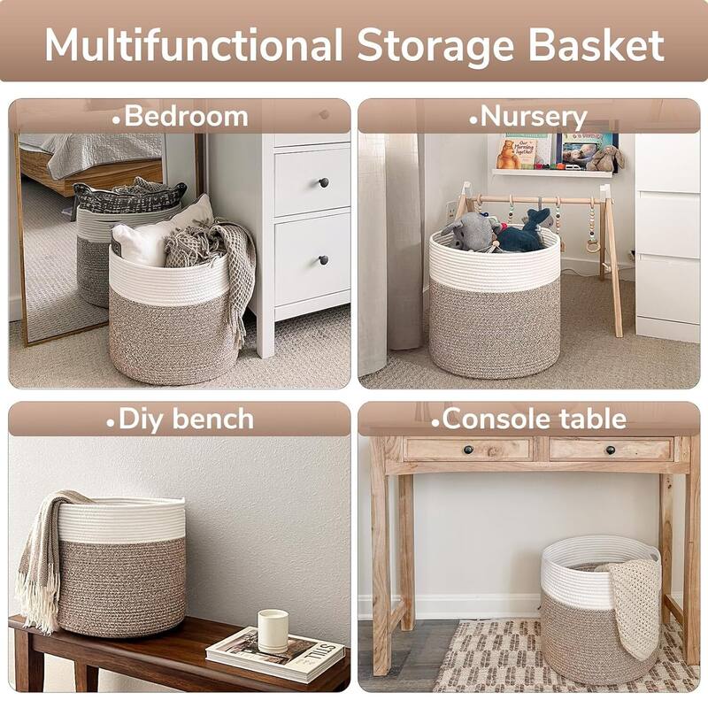 Large Cotton Rope Basket, Blanket Basket Living Room 15.8"x15.8"x13.8" Baby Toy Storage - 15.8"L x 15.8"W x 13.8"H