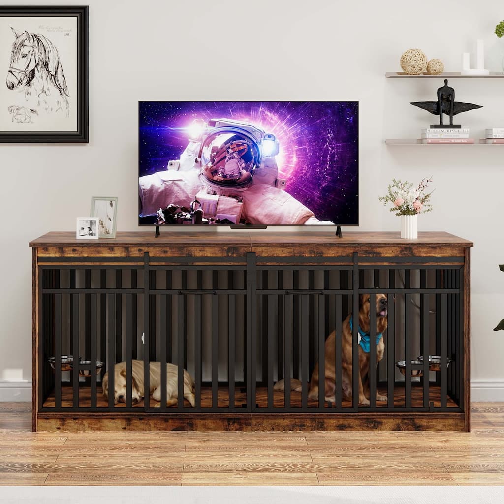 71" Large Double Dog Crate Furniture Dog Kennel with Sliding Doors