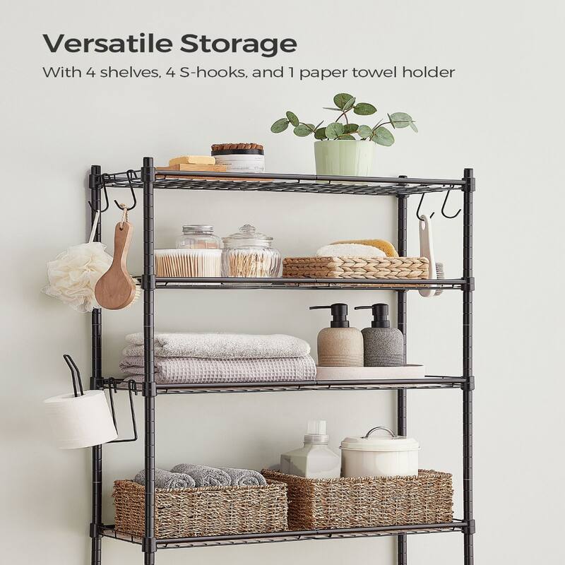 4-Tier Freestanding Metal Over-the-Toilet Storage Rack with 4 Adjustable Shelves and 4 Convenient Hoooks