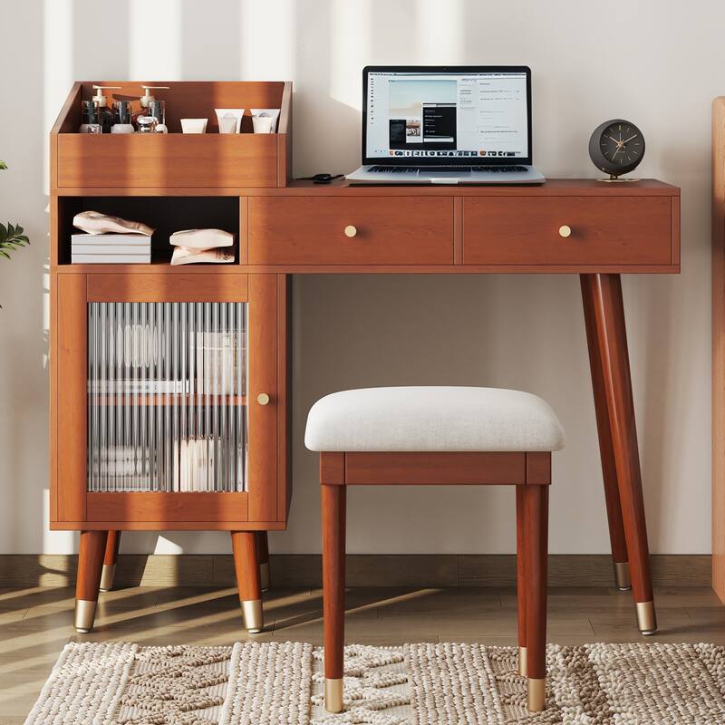 2-Piece Bedroom Set Includes Dressing Table & Upholstered Stool, Makeup Vanity Desk with Charging Station, Drawers & Cabinet