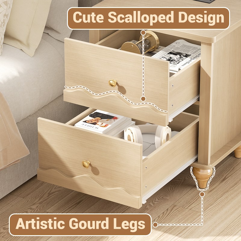 Modern Nightstand with Charging Station, Side End Table with 2 Drawers