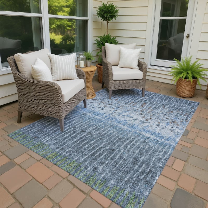 Machine Washable Indoor/ Outdoor Boho Modern Chantille Rug - Blue - 9' x 12'