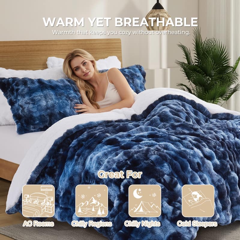 3 Pieces Fluffy Faux Rabbit Fur Comforter Set, Plush Fuzzy Bedding Set for Winter