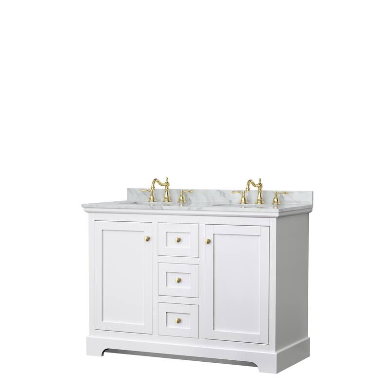 Avery 48-Inch Double Vanity Set with Oval Sinks, No Mirror - White, Gold Trim, White Carrara Marble Top