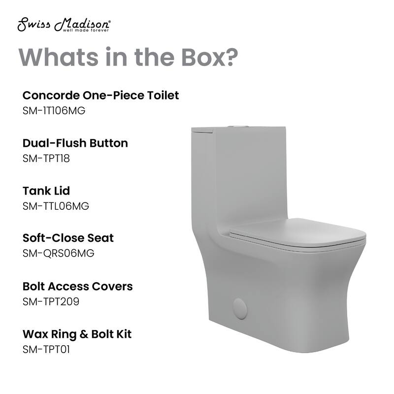 Concorde One Piece Square Toilet Dual Flush In Matte Grey 1.1/1.6 Gpf - 26.06" x 13.98" x 29.21"