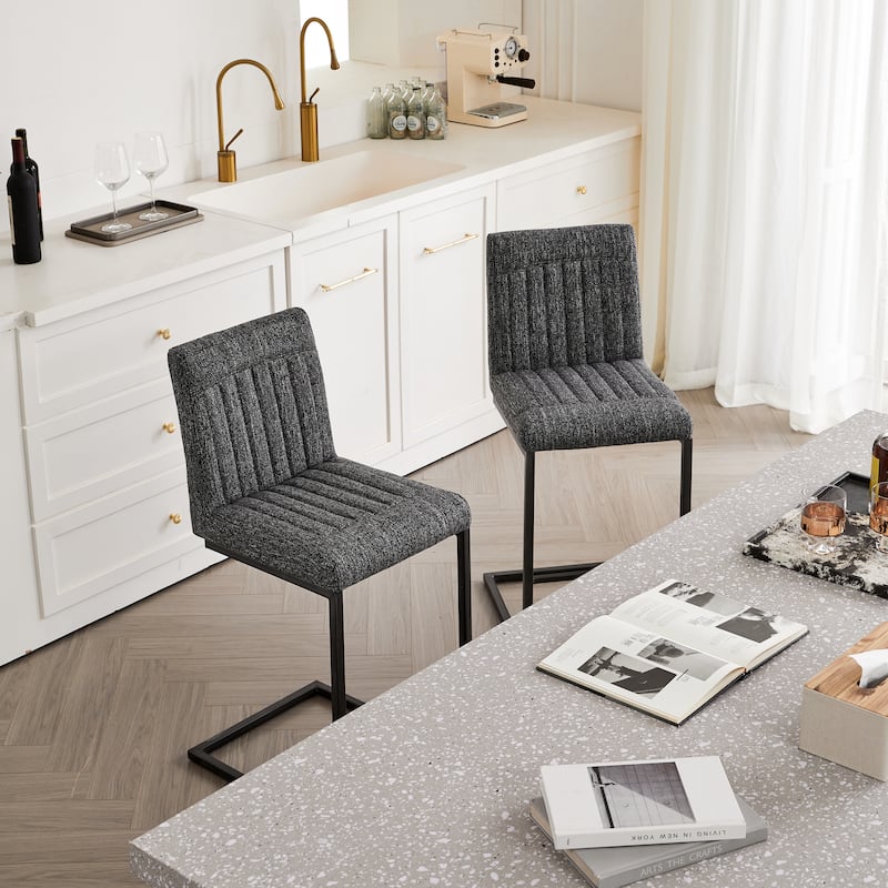 Set of 2 Bar Stools, Speckled Gray Textured Fabric with Vertical Tufted Backrest & Black Metal Frame