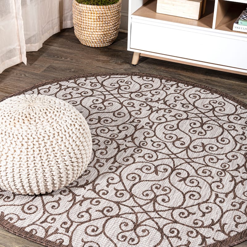 JONATHAN Y Ourika Textured Weave Indoor/Outdoor Area Rug - 8' Round - Taupe/Espresso
