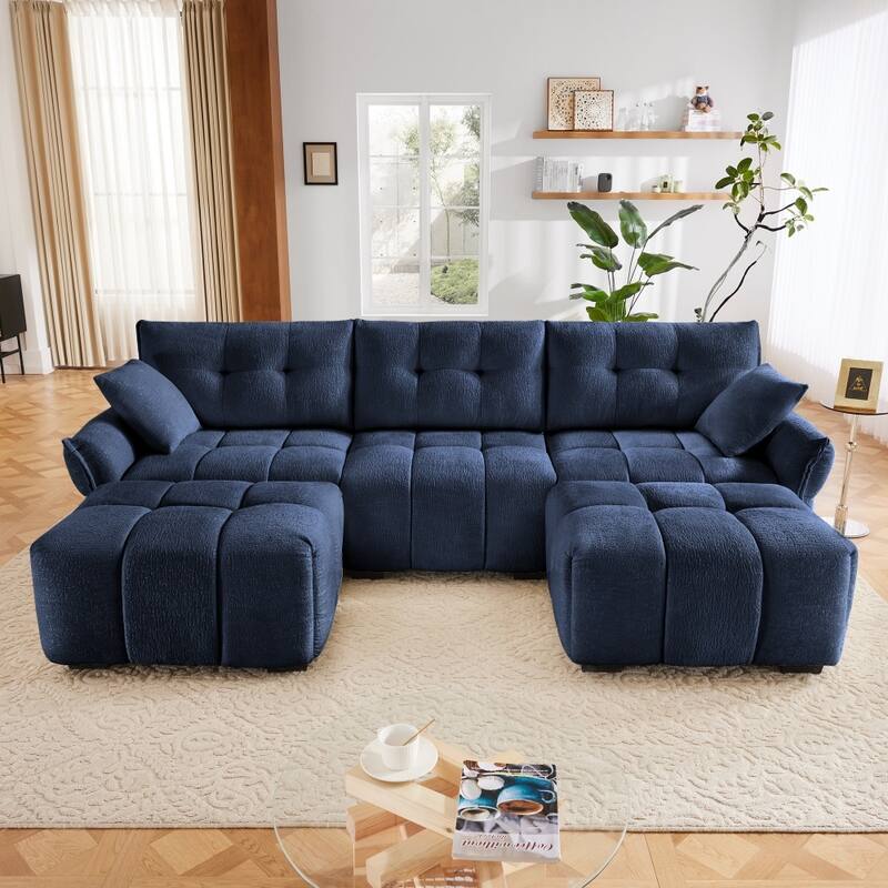 Modular Wood Frame 3-seater Sectional Sofa Set with Ottomans and Throw Pillows - Blue
