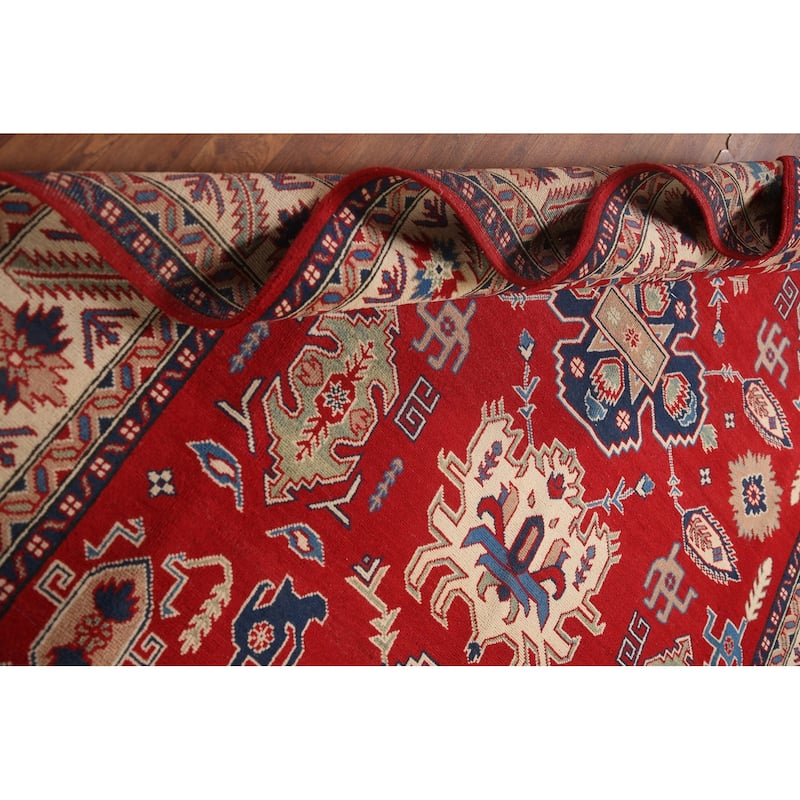 Red Geometric Kazak Area Rug Hand-Knotted Living Room Wool Carpet - 6'8" x 9'9"