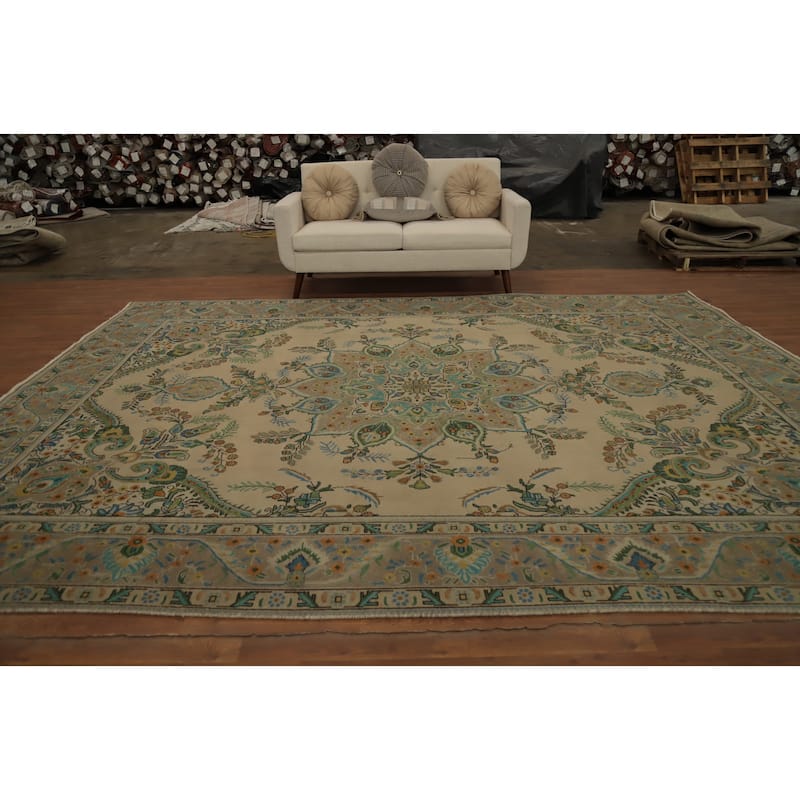 Hand Knotted Oriental 100% Wool Carpet Traditional Floral Beige & Ivories Tabriz Area Rug - 12' 7'' X 9' 6''
