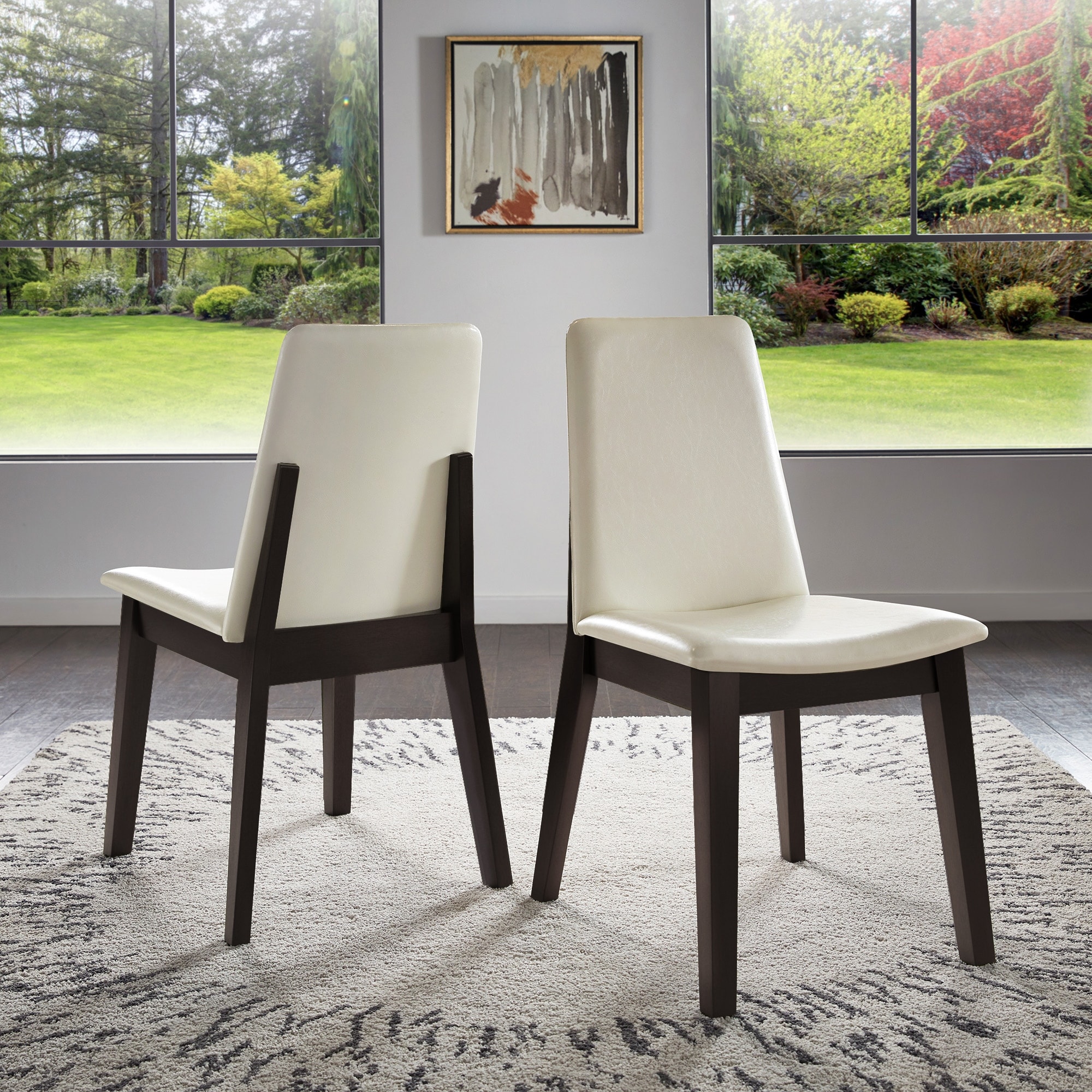 Set Of 2 Modern White Faux Leather And Walnut Finish Dining Chairs
