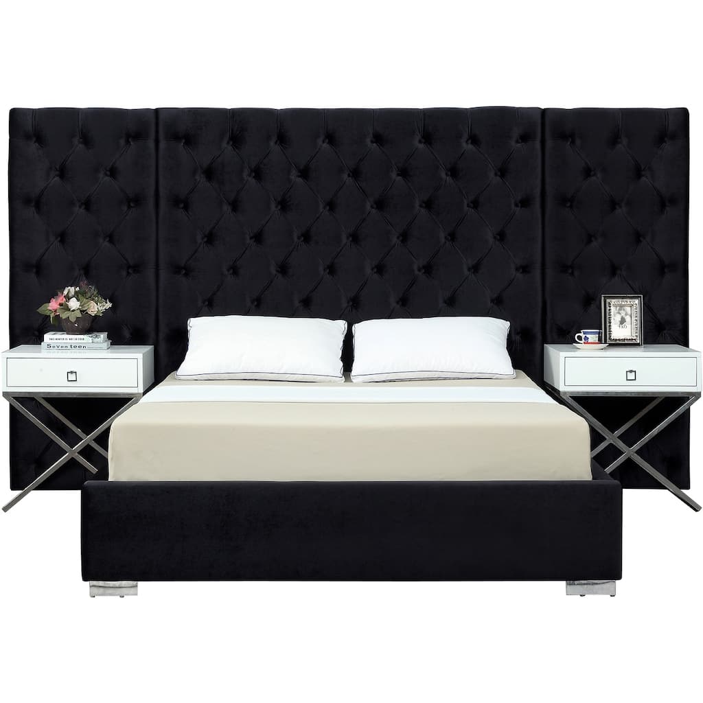 Queen Bed Velvet Black Button Tufted, Elegant Upholstered Platform Bed Frame for Bedroom