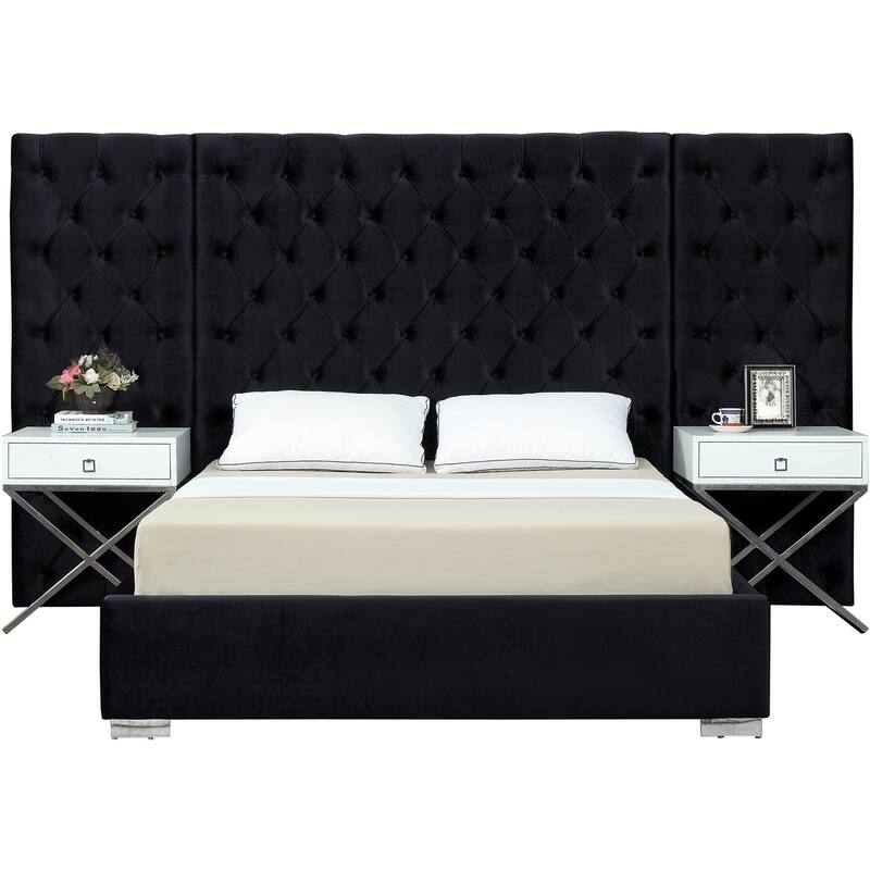 Queen Bed Velvet Black Button Tufted, Elegant Upholstered Platform Bed Frame for Bedroom