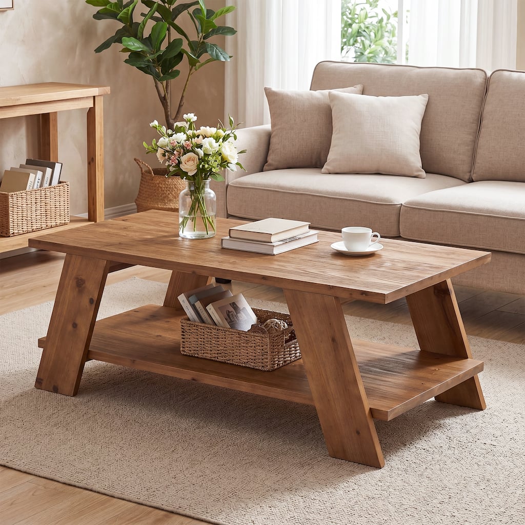 47" Solid Wood Modern Coffee Table, Farmhouse Rectangle Center Table - 47.24" D x 23.62" W x 19.68" H