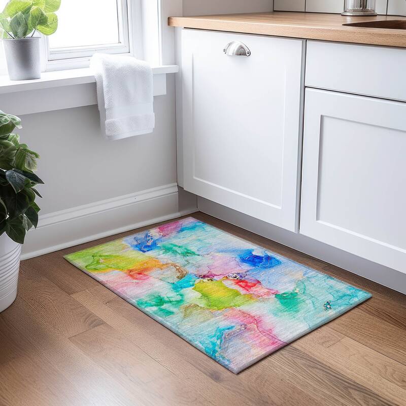 Machine Washable Indoor/ Outdoor Abstract Watercolor Chantille Rug - 1'8" x 2'6" - Blue