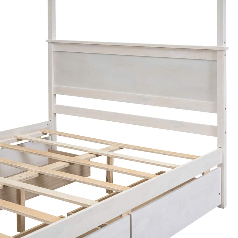 Full Size Wood Canopy Bed with Drawers, Brushed White Finish, No Box Spring Needed