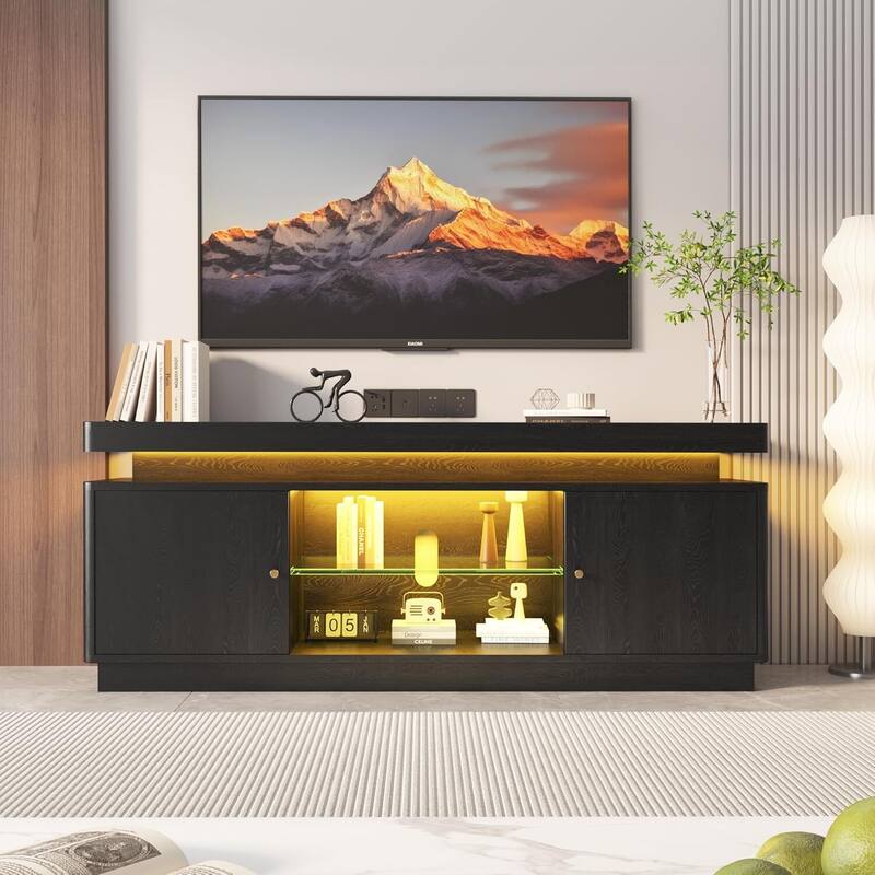 63" TV Stand, Entertainment Center with Power Outlet for Living Room - Black