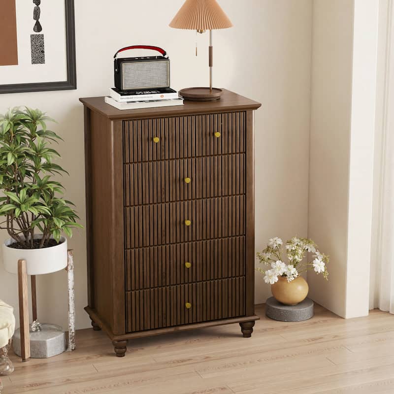 Fluted 5-Drawer Dresser in Walnut, Modern Wooden Organizer for All